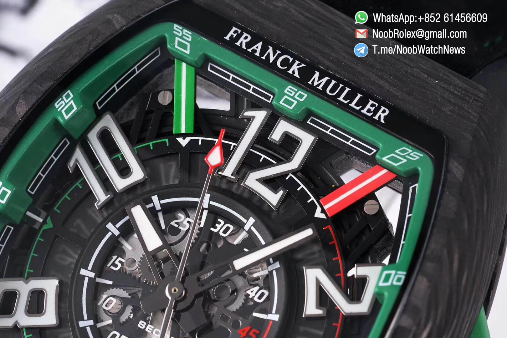 Franck Muller Vanguard Racing Super Luminous Carbon Case Black Skeleton Dial with Green Dial Ring on Black Rubber Strap NH35A TWF Top Rep Watch 05 1
