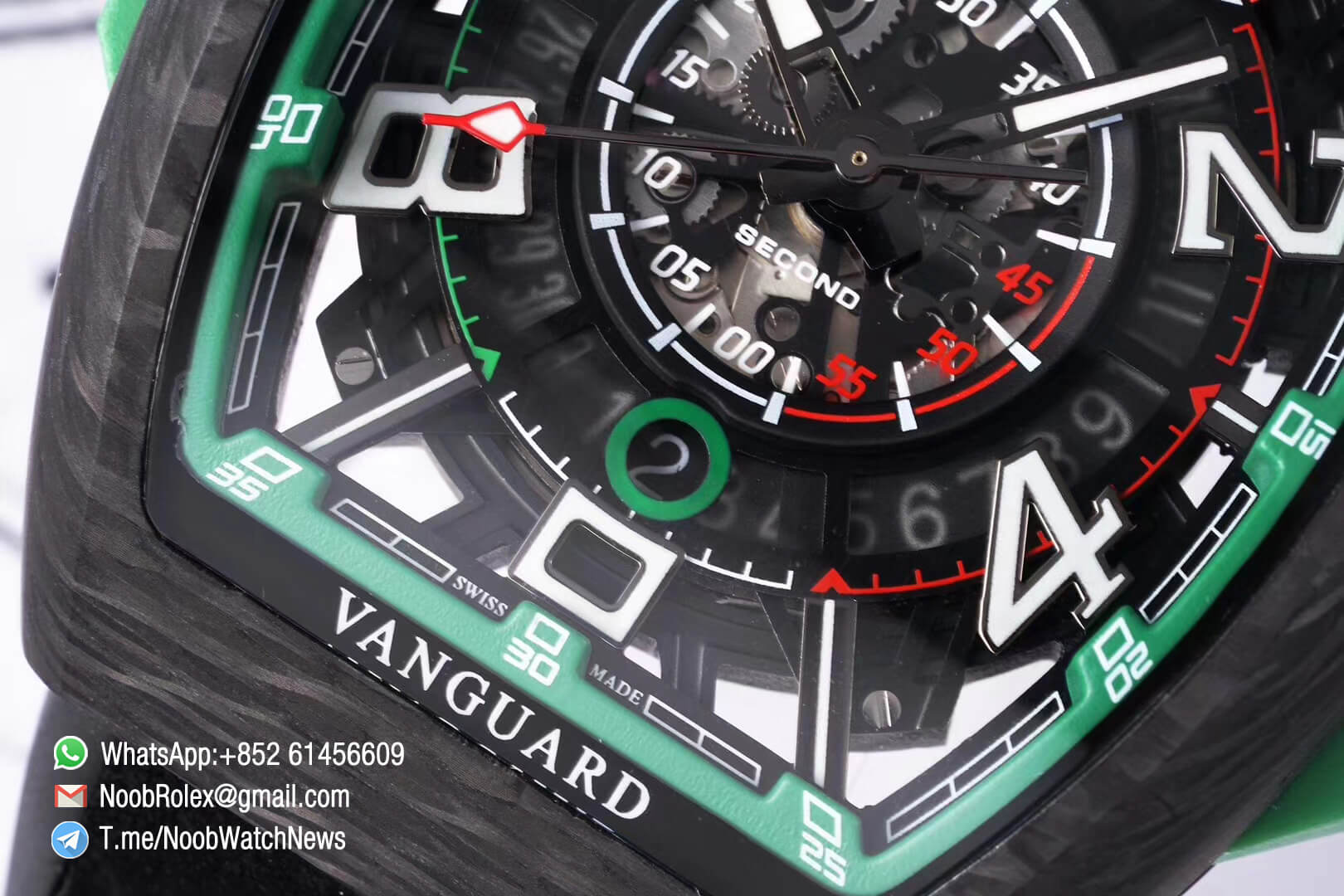 Franck Muller Vanguard Racing Super Luminous Carbon Case Black Skeleton Dial with Green Dial Ring on Black Rubber Strap NH35A TWF Top Rep Watch 06 1