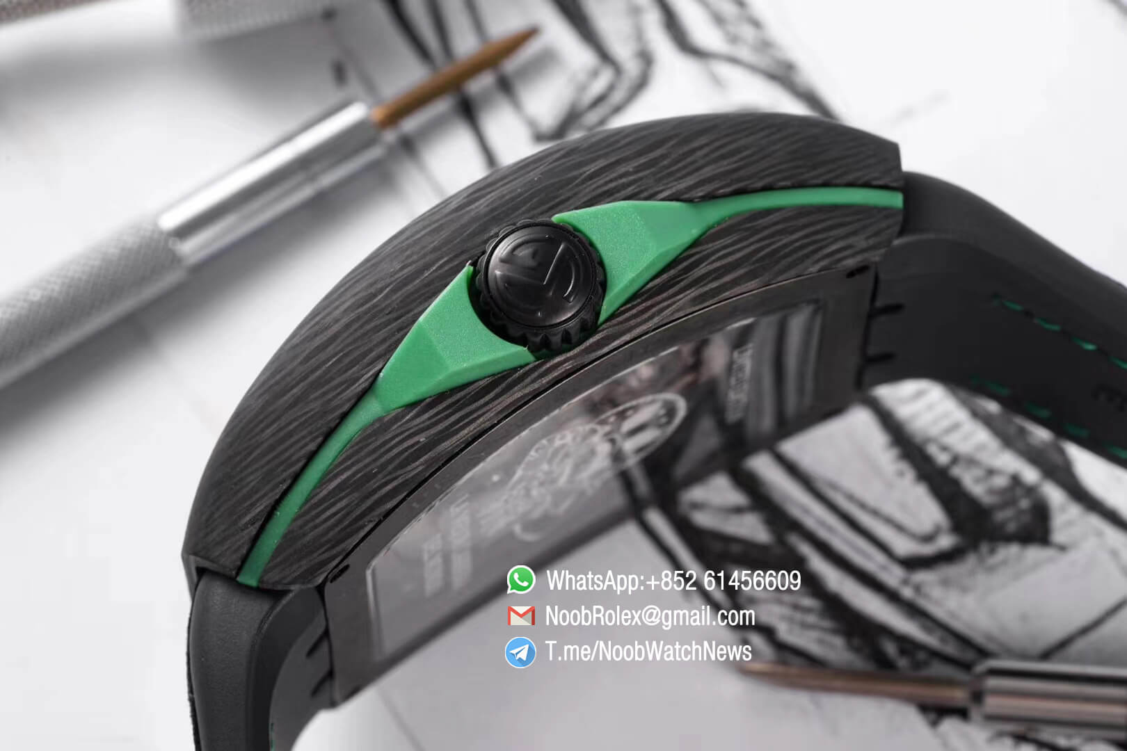 Franck Muller Vanguard Racing Super Luminous Carbon Case Black Skeleton Dial with Green Dial Ring on Black Rubber Strap NH35A TWF Top Rep Watch 08 1