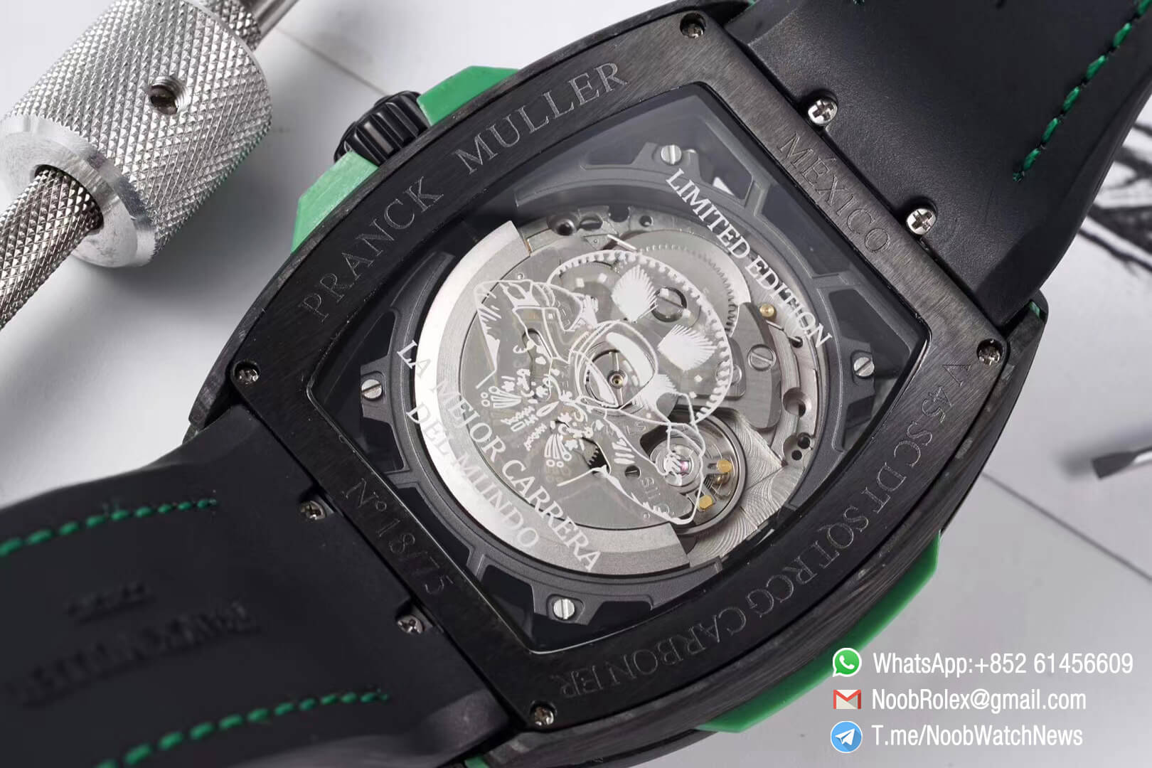 Franck Muller Vanguard Racing Super Luminous Carbon Case Black Skeleton Dial with Green Dial Ring on Black Rubber Strap NH35A TWF Top Rep Watch 10 1