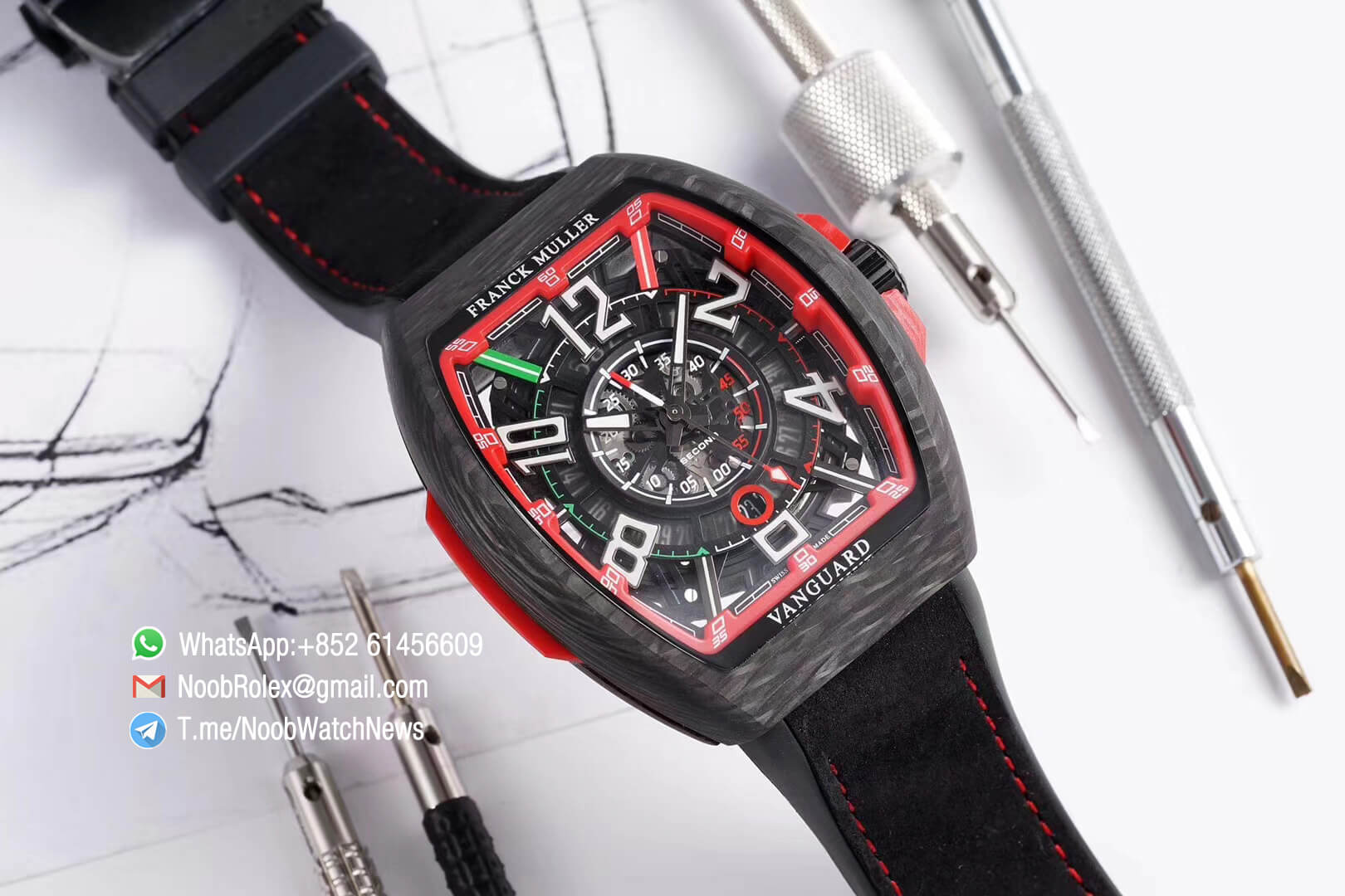 Franck Muller Vanguard Racing Super Luminous Carbon Case Black Skeleton Dial with Red Dial Ring on Black Rubber Strap NH35A TWF Top Rep Watch 02
