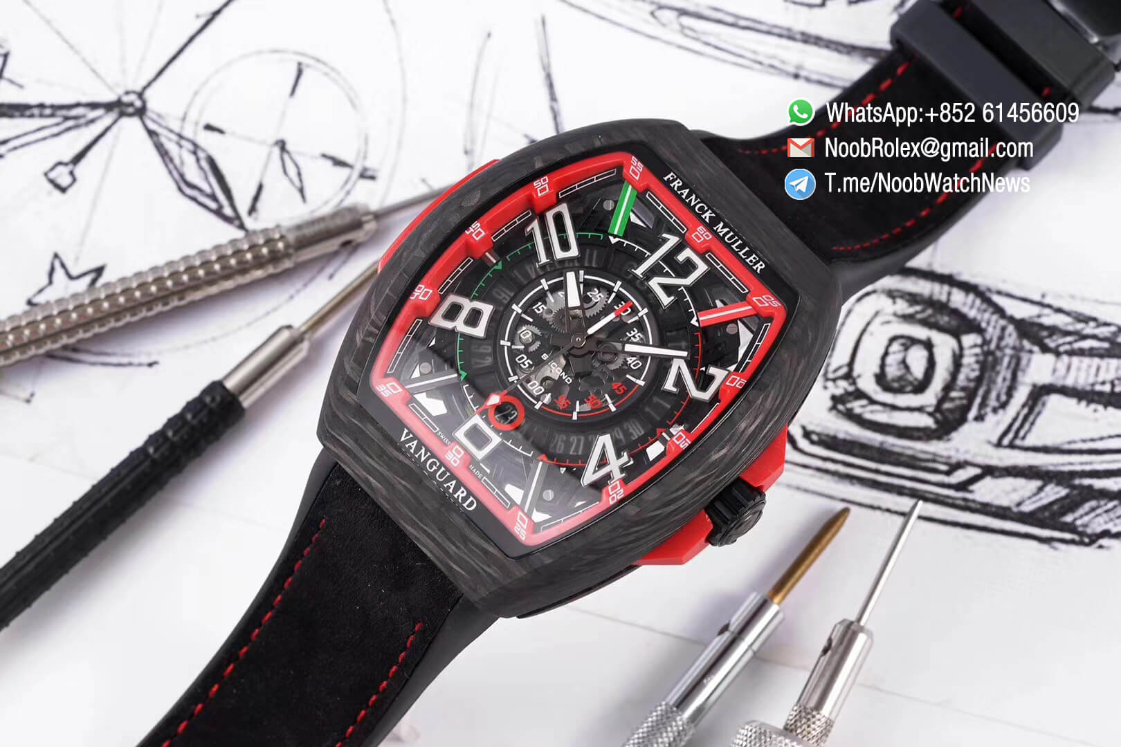 Franck Muller Vanguard Racing Super Luminous Carbon Case Black Skeleton Dial with Red Dial Ring on Black Rubber Strap NH35A TWF Top Rep Watch 03