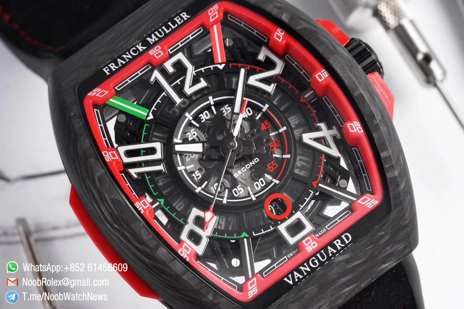 Franck Muller Vanguard Racing Super Luminous Carbon Case Black Skeleton Dial with Red Dial Ring on Black Rubber Strap NH35A TWF Top Rep Watch 04