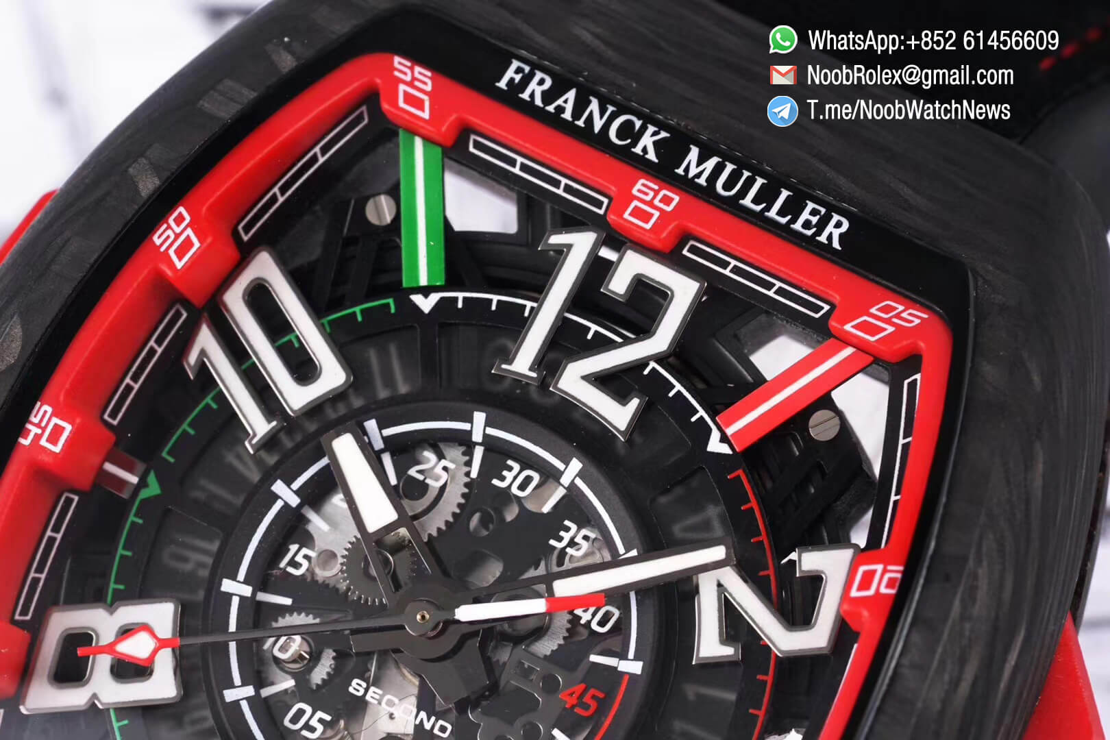 Franck Muller Vanguard Racing Super Luminous Carbon Case Black Skeleton Dial with Red Dial Ring on Black Rubber Strap NH35A TWF Top Rep Watch 05