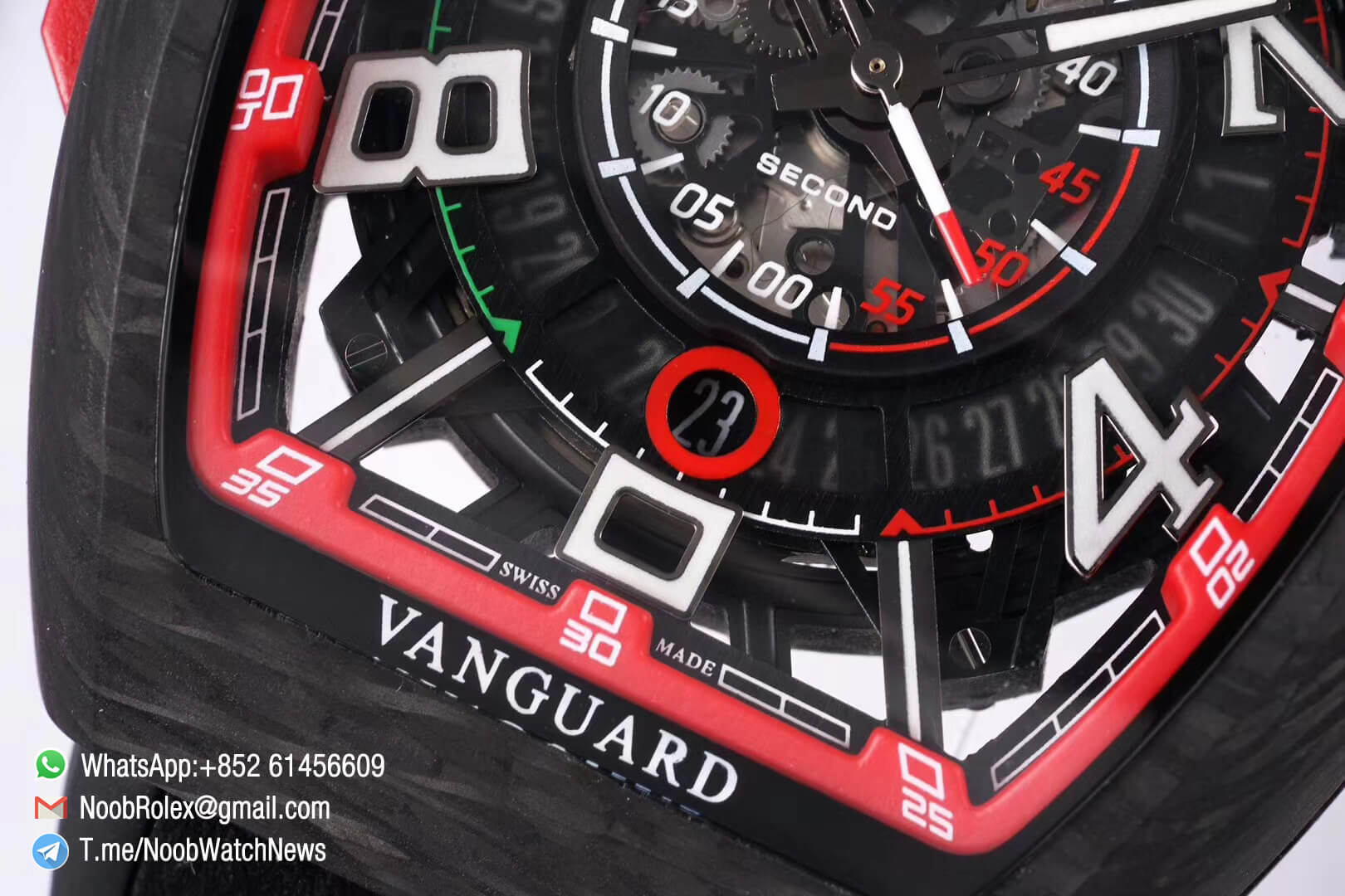 Franck Muller Vanguard Racing Super Luminous Carbon Case Black Skeleton Dial with Red Dial Ring on Black Rubber Strap NH35A TWF Top Rep Watch 06