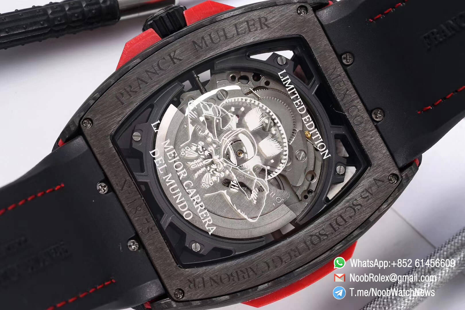 Franck Muller Vanguard Racing Super Luminous Carbon Case Black Skeleton Dial with Red Dial Ring on Black Rubber Strap NH35A TWF Top Rep Watch 09