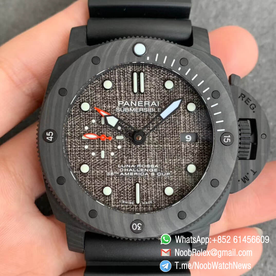 Panerai PAM 01039 Submersible Luna Rossa Challenge 36th Americas Cup GMT Forged Carbon Case Black textile Dial Rubber Strap P9011 Automatic VSF 01