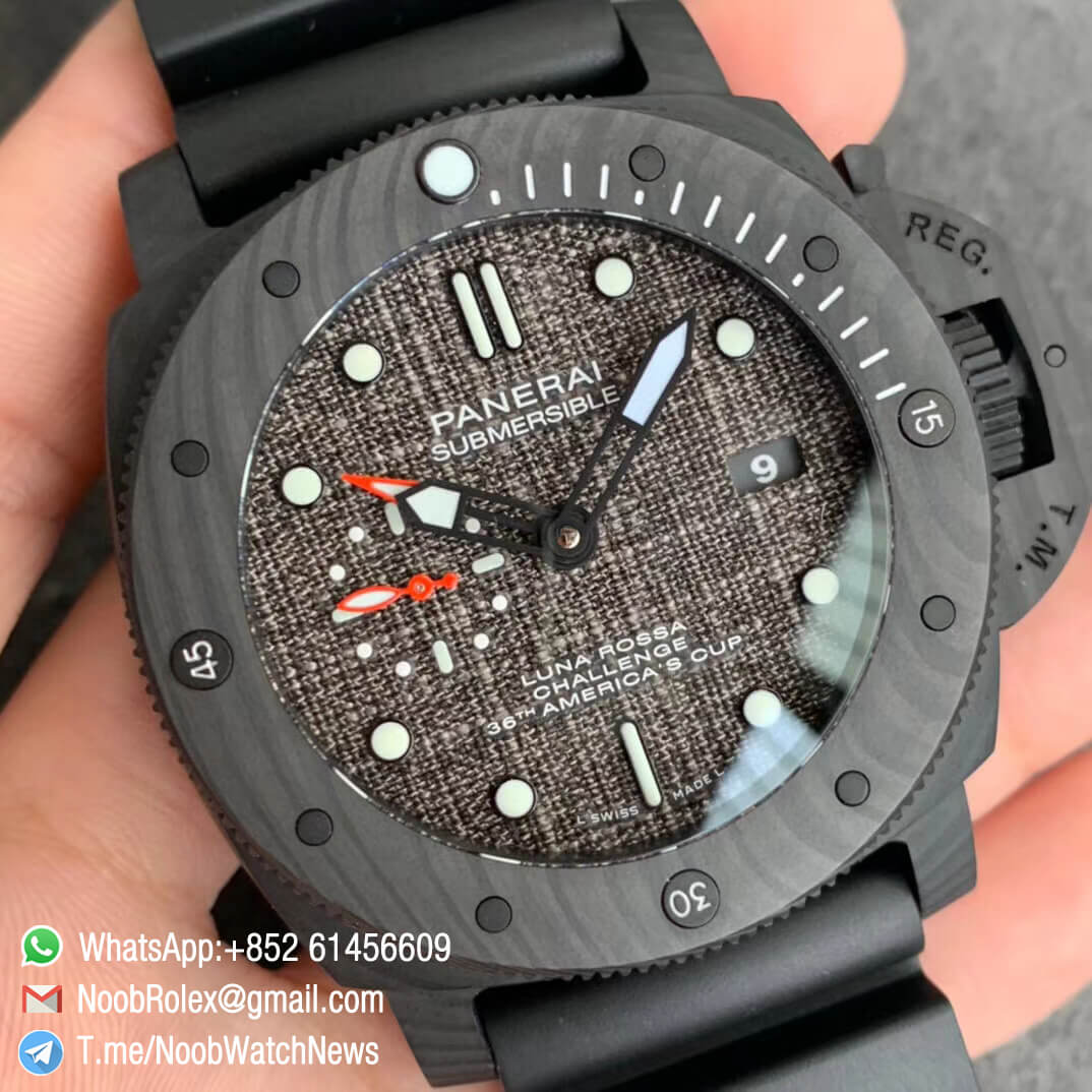 Panerai PAM 01039 Submersible Luna Rossa Challenge 36th Americas Cup GMT Forged Carbon Case Black textile Dial Rubber Strap P9011 Automatic VSF 02
