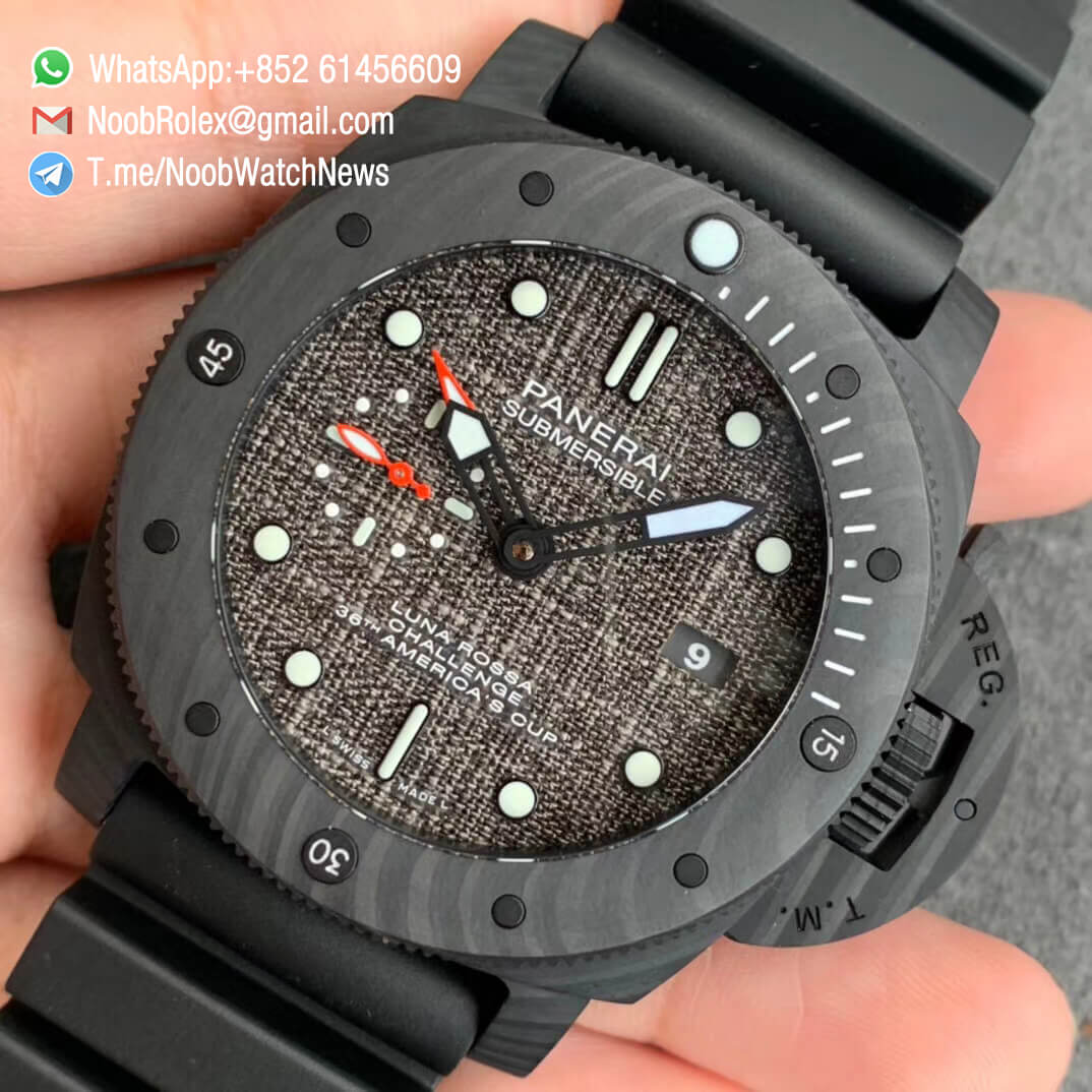 Panerai PAM 01039 Submersible Luna Rossa Challenge 36th Americas Cup GMT Forged Carbon Case Black textile Dial Rubber Strap P9011 Automatic VSF 03
