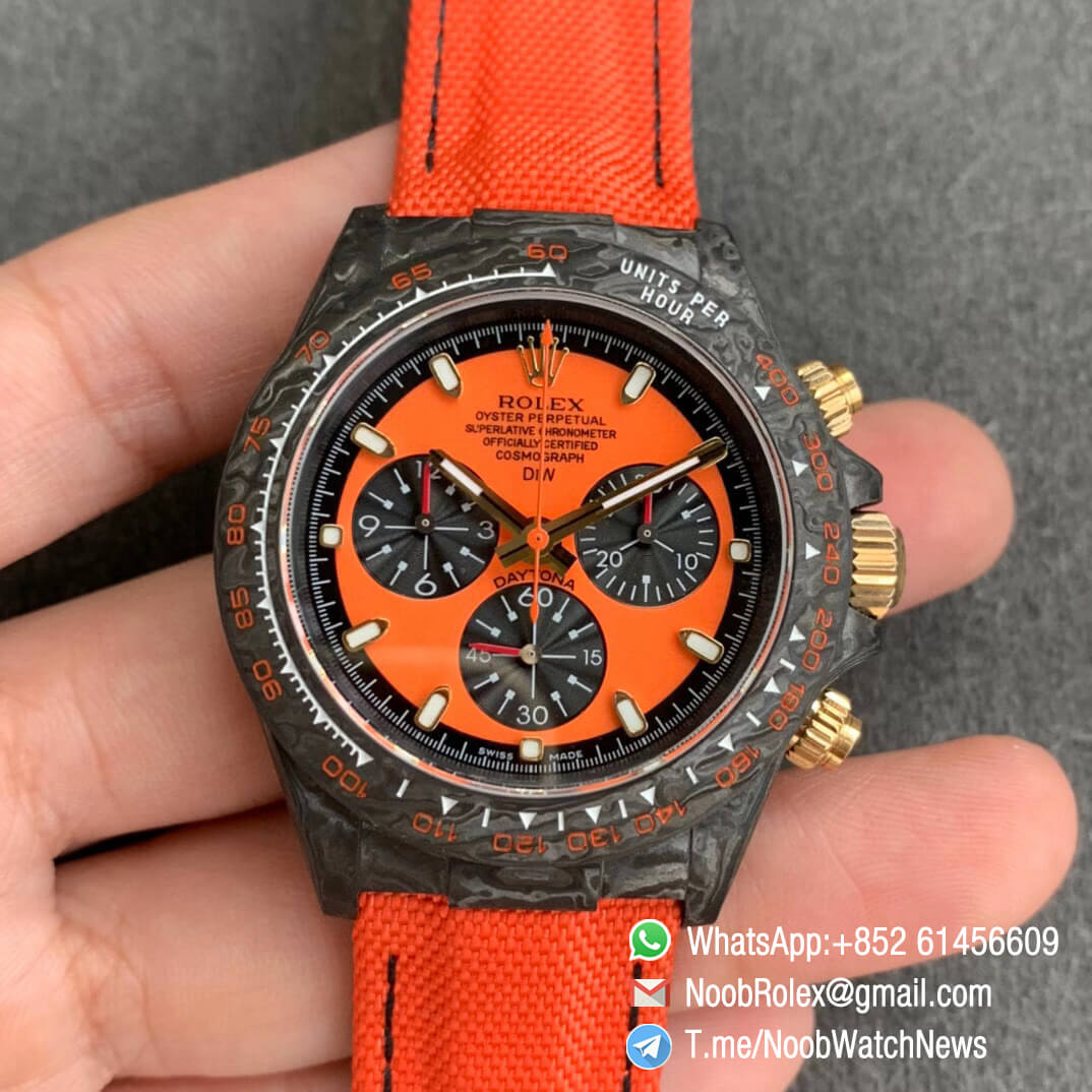 Replica DIW Carbon Daytona Orange Dial Black Sub Dial on Orange Nylon Strap A4130 WWF Best Copies Diw Rolex Watch 01