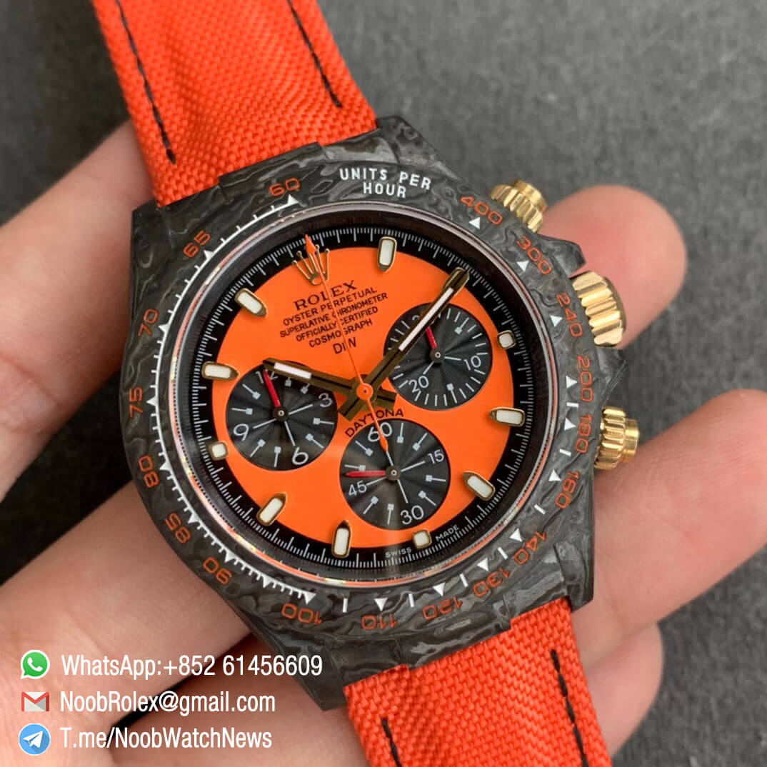 Replica DIW Carbon Daytona Orange Dial Black Sub Dial on Orange Nylon Strap A4130 WWF Best Copies Diw Rolex Watch 02