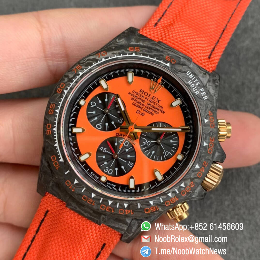 Replica DIW Carbon Daytona Orange Dial Black Sub Dial on Orange Nylon Strap A4130 WWF Best Copies Diw Rolex Watch 03