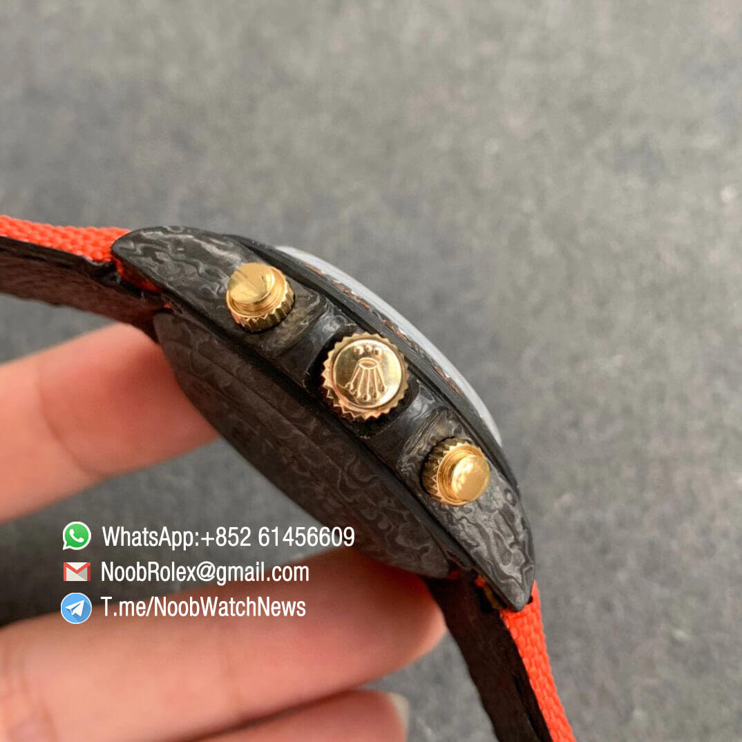 Replica DIW Carbon Daytona Orange Dial Black Sub Dial on Orange Nylon Strap A4130 WWF Best Copies Diw Rolex Watch 04