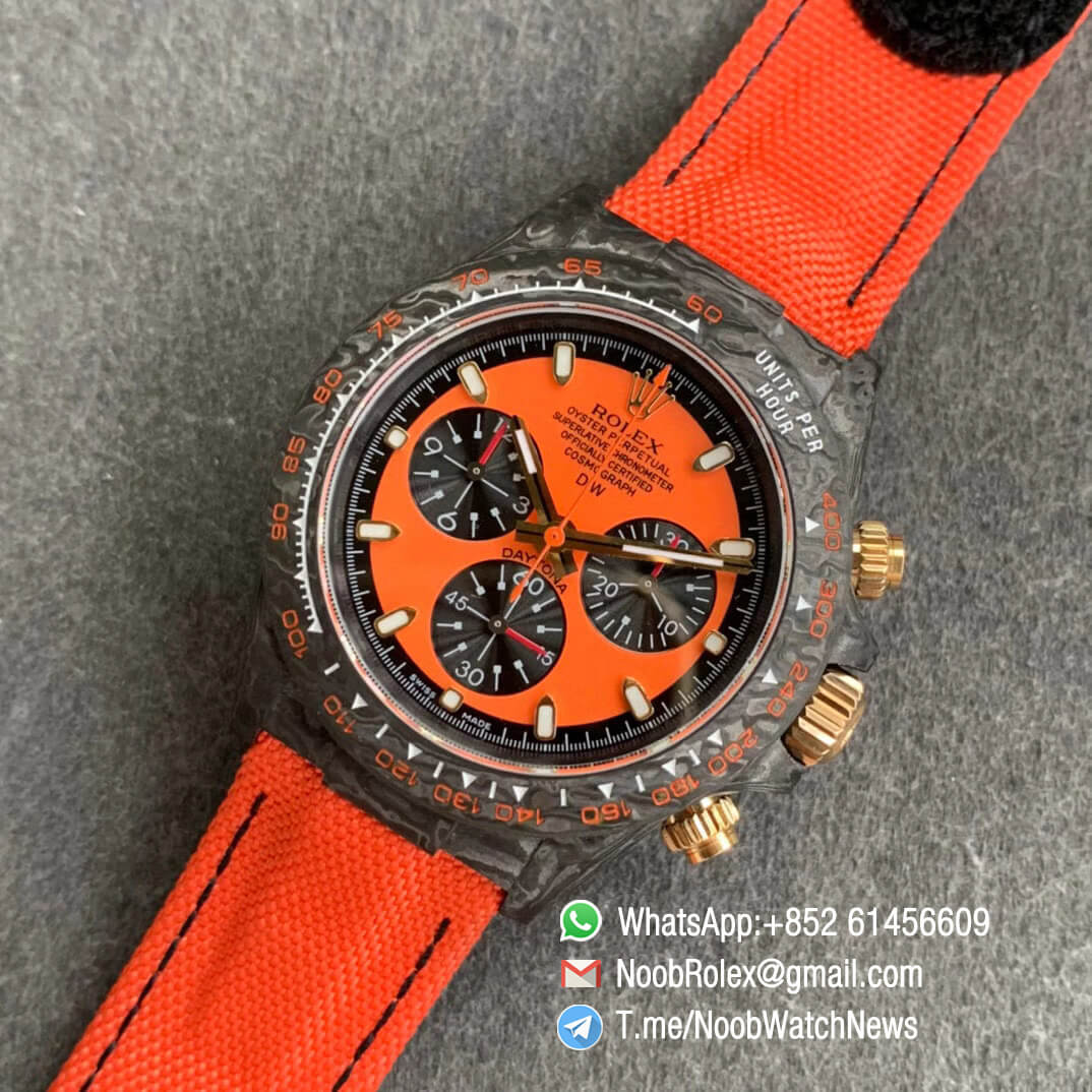 Replica DIW Carbon Daytona Orange Dial Black Sub Dial on Orange Nylon Strap A4130 WWF Best Copies Diw Rolex Watch 09