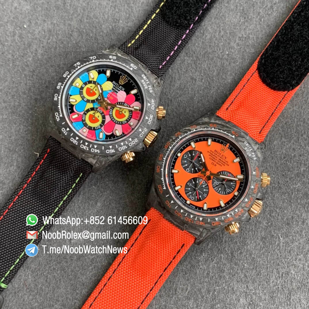 Replica DIW Carbon Daytona Orange Dial Black Sub Dial on Orange Nylon Strap A4130 WWF Best Copies Diw Rolex Watch 10