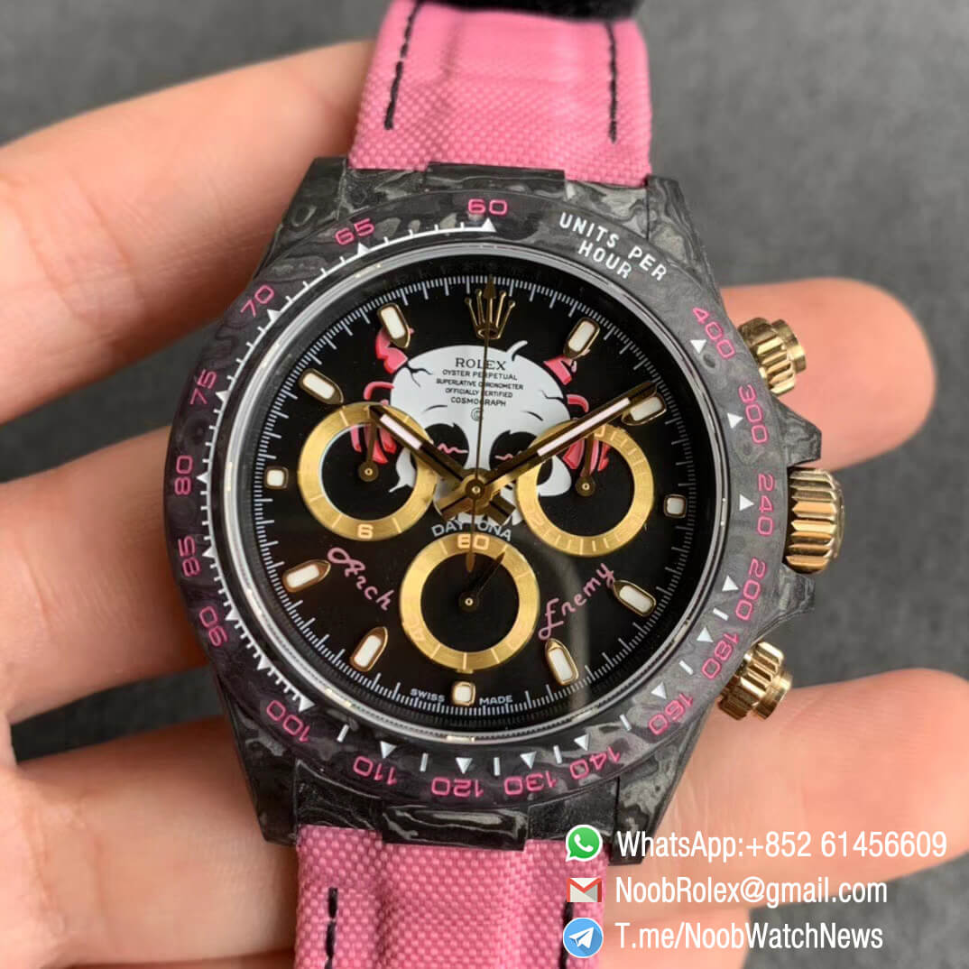Replica DIW Daytona Arch Enemy Carbon Case Black Dial with Skull Design on Pink Nylon Strap A4130 WWF Best Copies Diw Rolex Watch 01