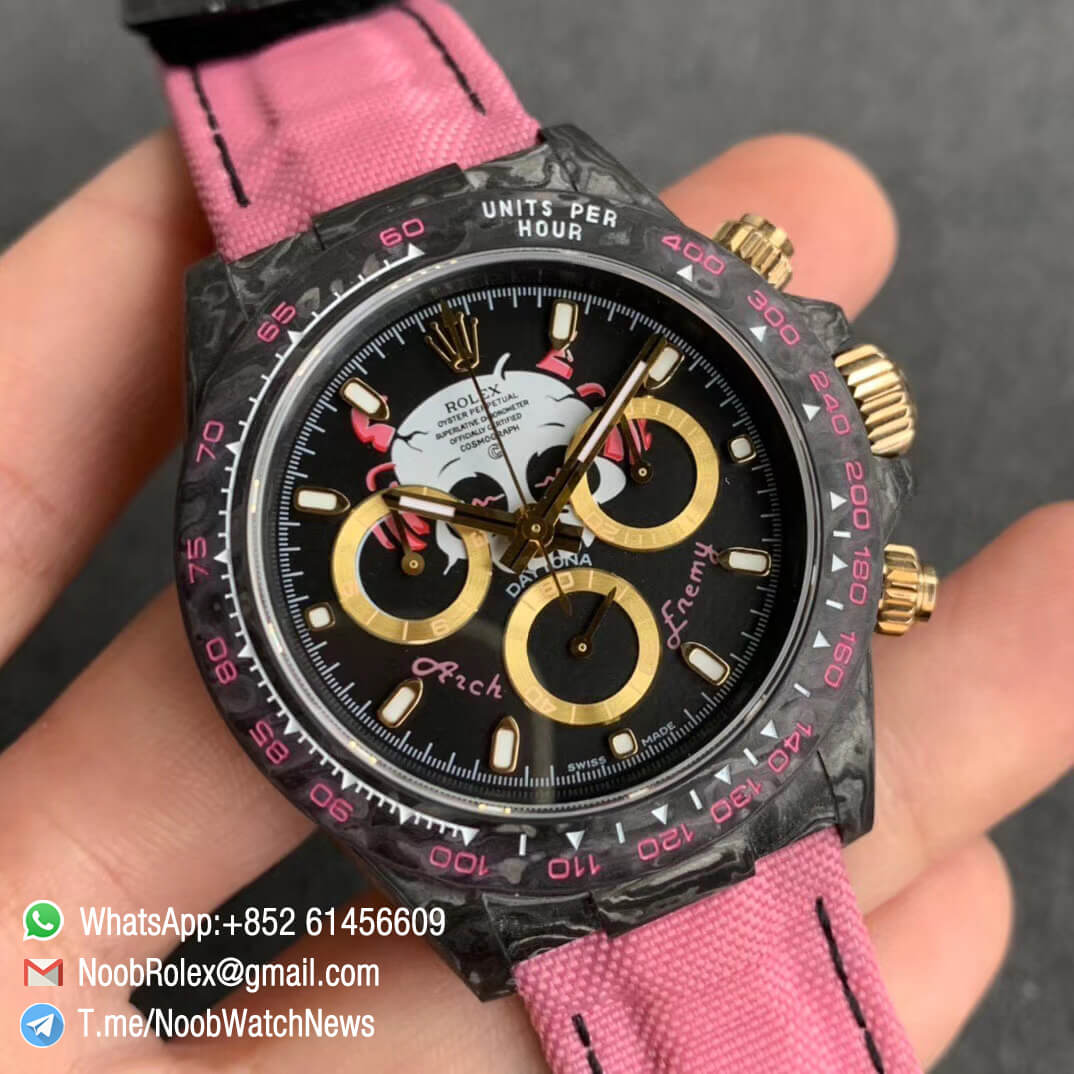 Replica DIW Daytona Arch Enemy Carbon Case Black Dial with Skull Design on Pink Nylon Strap A4130 WWF Best Copies Diw Rolex Watch 02