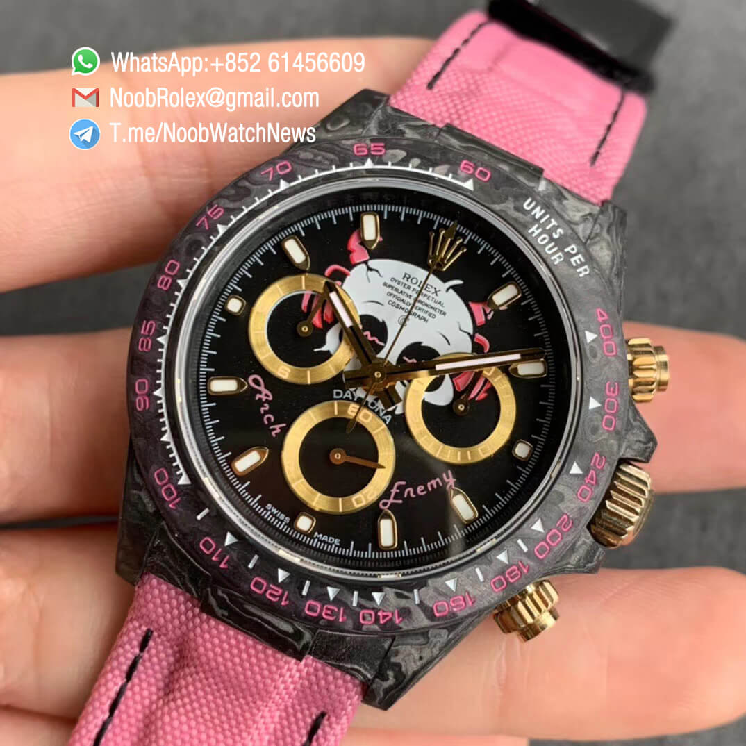 Replica DIW Daytona Arch Enemy Carbon Case Black Dial with Skull Design on Pink Nylon Strap A4130 WWF Best Copies Diw Rolex Watch 03