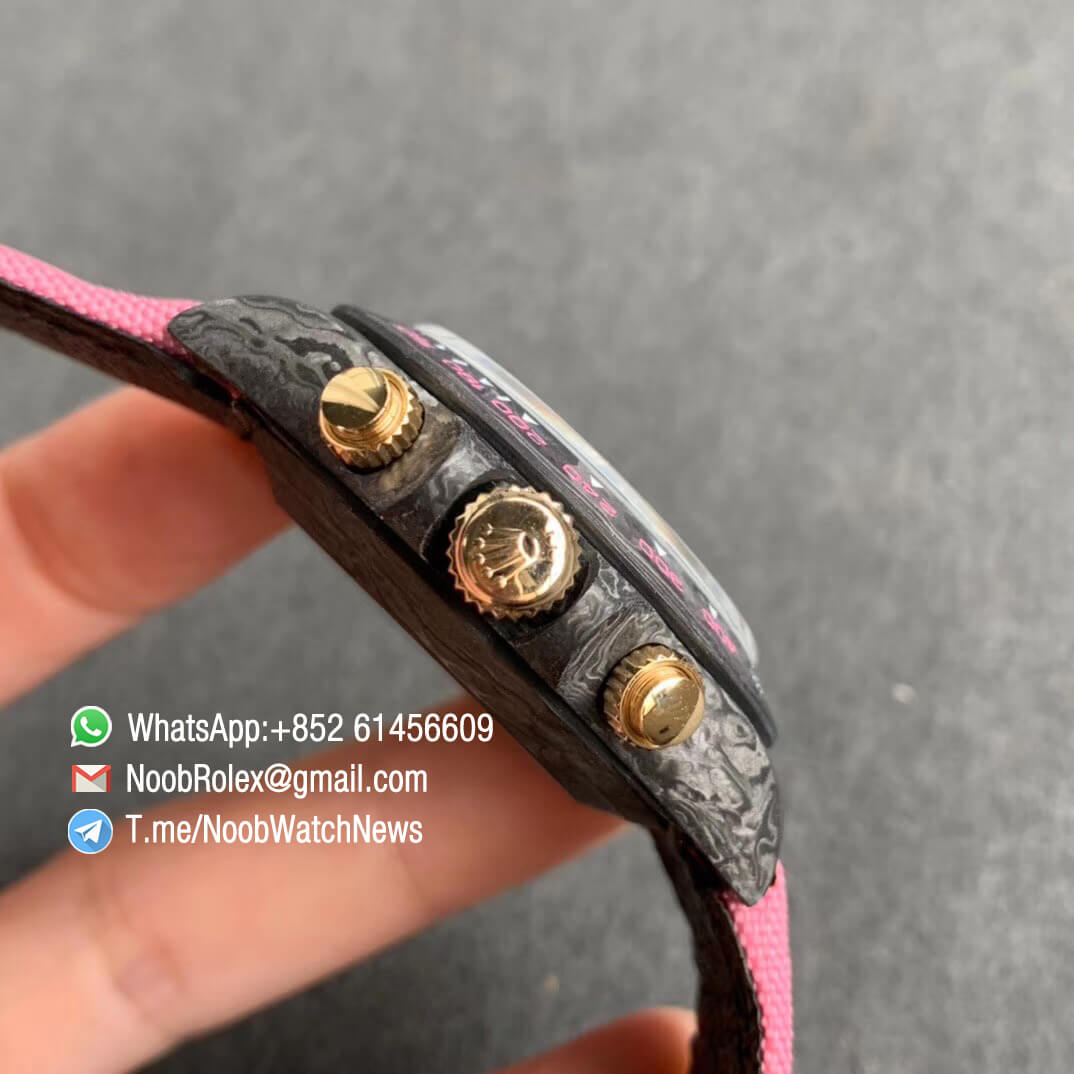 Replica DIW Daytona Arch Enemy Carbon Case Black Dial with Skull Design on Pink Nylon Strap A4130 WWF Best Copies Diw Rolex Watch 04