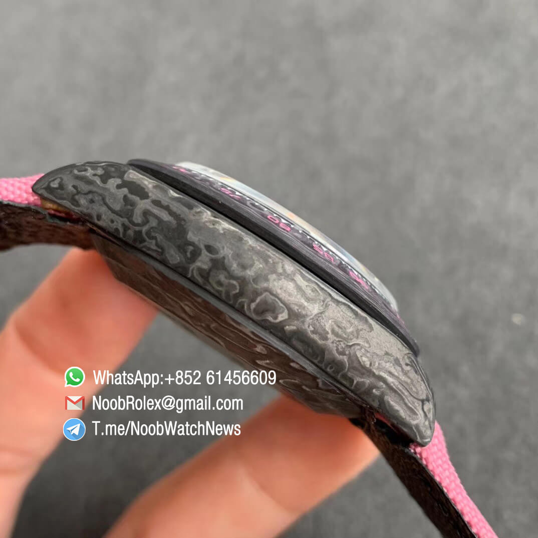 Replica DIW Daytona Arch Enemy Carbon Case Black Dial with Skull Design on Pink Nylon Strap A4130 WWF Best Copies Diw Rolex Watch 05