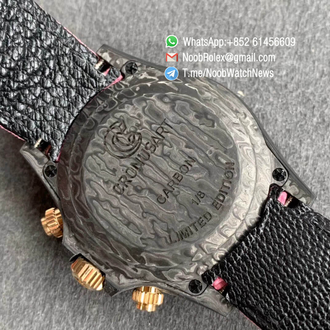 Replica DIW Daytona Arch Enemy Carbon Case Black Dial with Skull Design on Pink Nylon Strap A4130 WWF Best Copies Diw Rolex Watch 08
