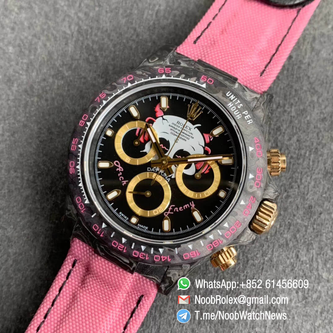 Replica DIW Daytona Arch Enemy Carbon Case Black Dial with Skull Design on Pink Nylon Strap A4130 WWF Best Copies Diw Rolex Watch 09