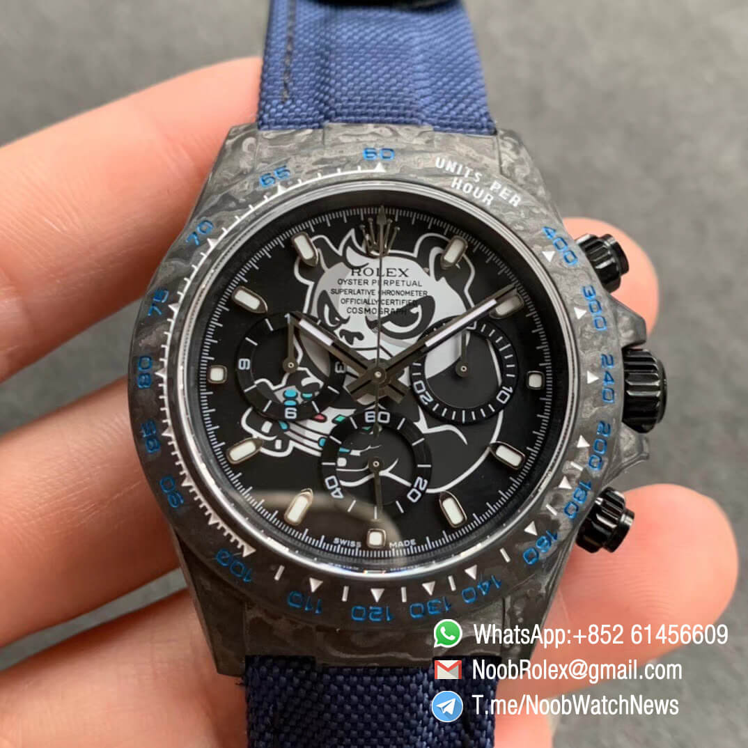 Replica DIW Daytona Carbon Black Panda E Sports Dial on Dark Blue Nylon Strap A4130 WWF Top Clone Diw Rolex Watch 01