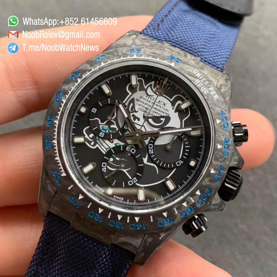 Replica DIW Daytona Carbon Black Panda E Sports Dial on Dark Blue Nylon Strap A4130 WWF Top Clone Diw Rolex Watch 03