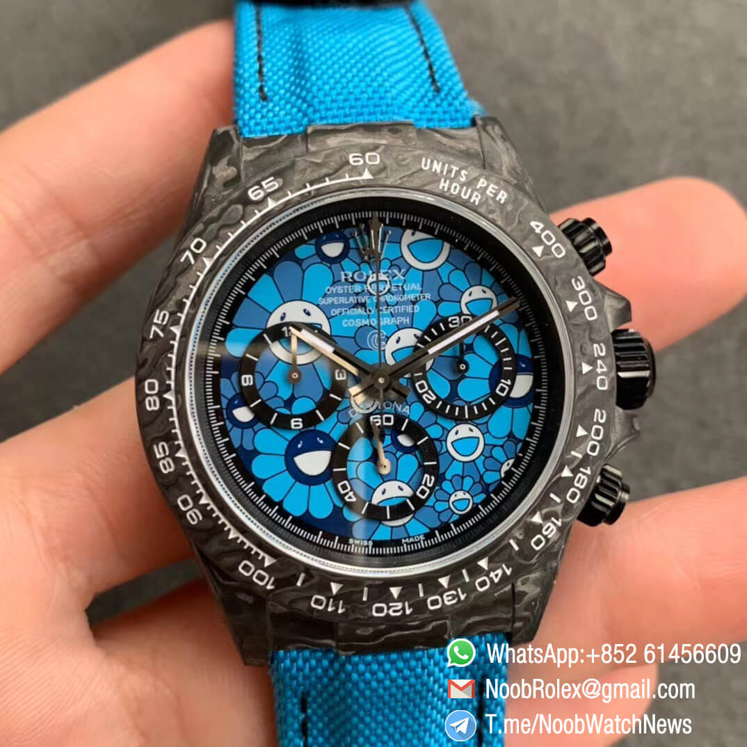 Replica DIW Daytona Carbon Blue Flower Dial on Blue Nylon Strap A4130 WWF Best Copy Diw Rolex Watch 01