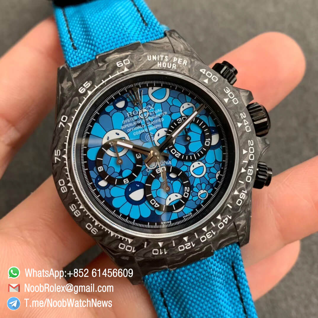 Replica DIW Daytona Carbon Blue Flower Dial on Blue Nylon Strap A4130 WWF Best Copy Diw Rolex Watch 02