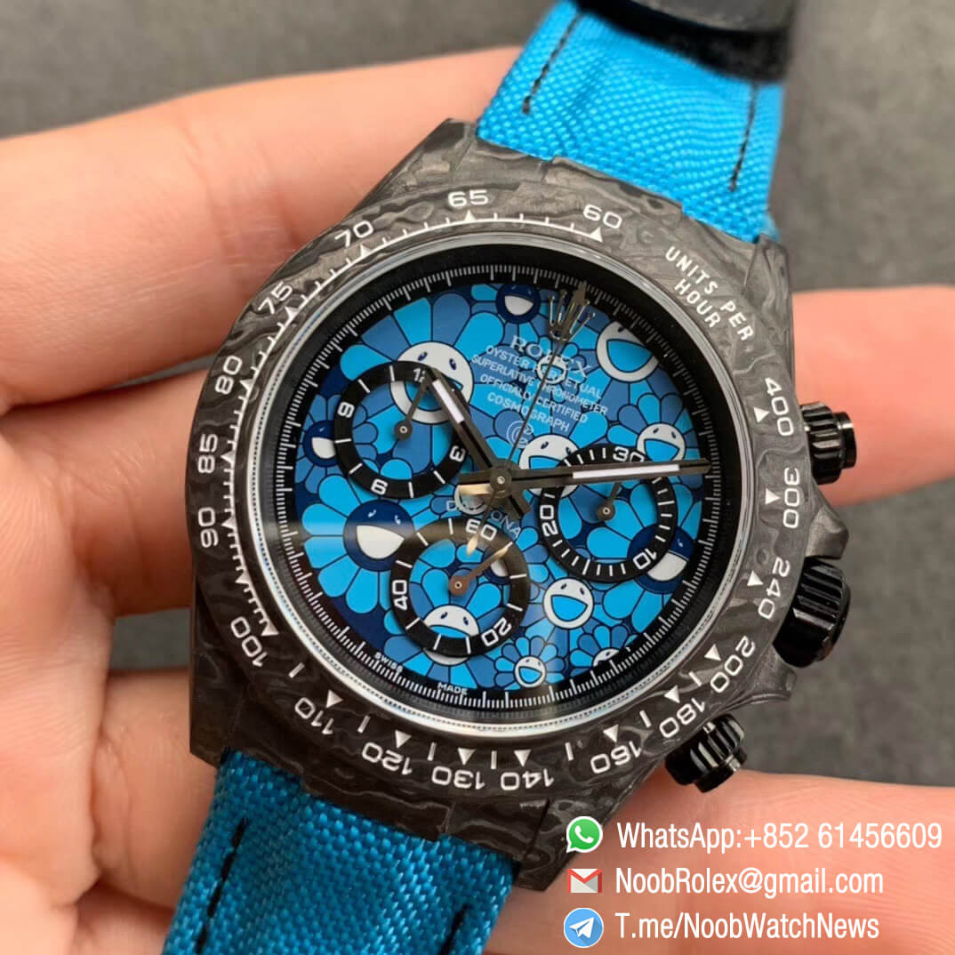 Replica DIW Daytona Carbon Blue Flower Dial on Blue Nylon Strap A4130 WWF Best Copy Diw Rolex Watch 03