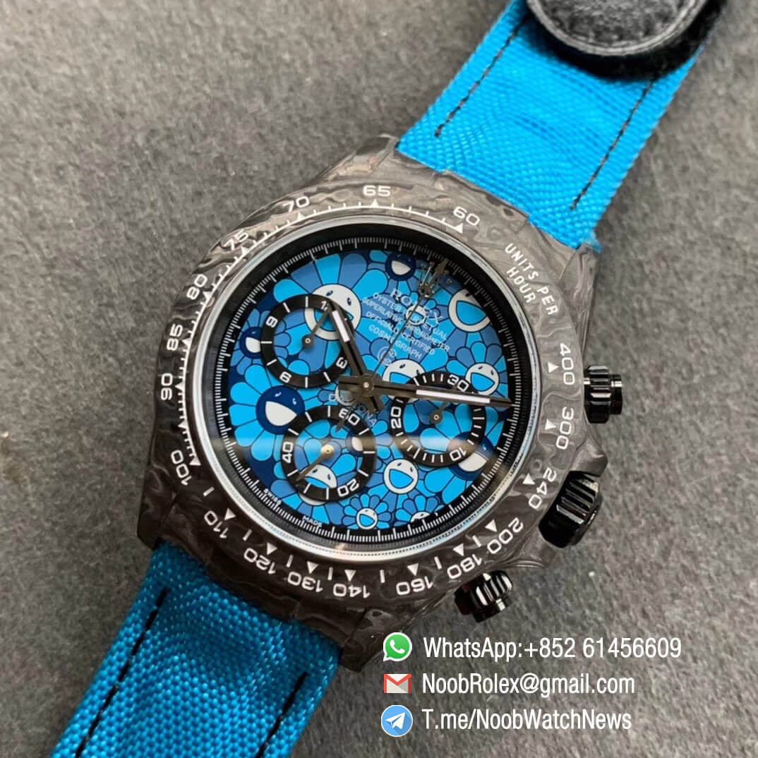 Replica DIW Daytona Carbon Blue Flower Dial on Blue Nylon Strap A4130 WWF Best Copy Diw Rolex Watch 09