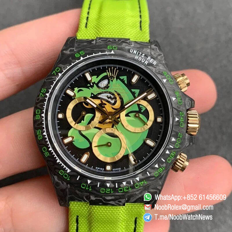 Replica DIW Daytona Carbon Case Black Dial with Green Timber Wolf Design on Pink Nylon Strap A4130 WWF Best Copies Diw Rolexes