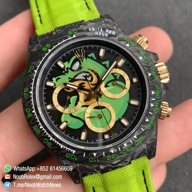 Replica DIW Daytona Carbon Case Black Dial with Green Timber Wolf Design on Pink Nylon Strap A4130 WWF Best Copies Diw Rolexes 02