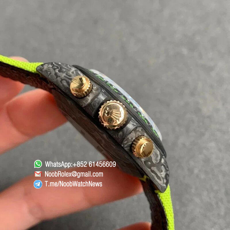Replica DIW Daytona Carbon Case Black Dial with Green Timber Wolf Design on Pink Nylon Strap A4130 WWF Best Copies Diw Rolexes 04