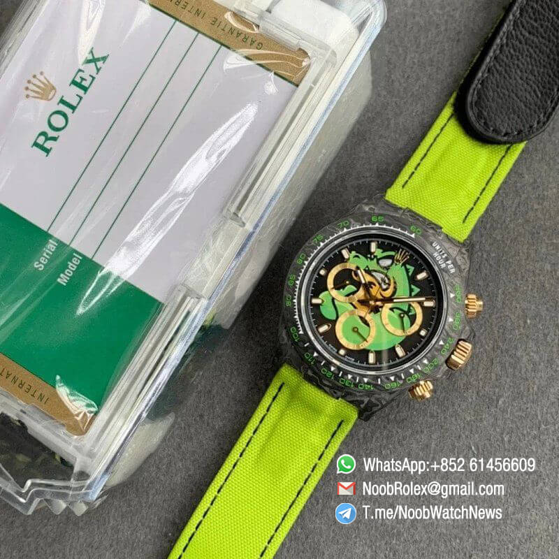 Replica DIW Daytona Carbon Case Black Dial with Green Timber Wolf Design on Pink Nylon Strap A4130 WWF Best Copies Diw Rolexes 09