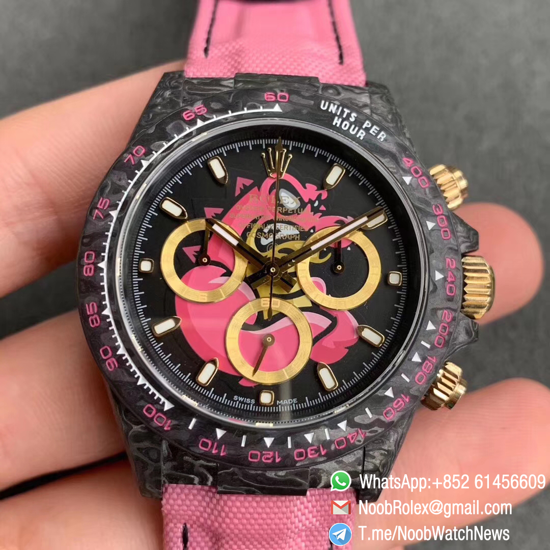 Replica DIW Daytona Carbon Case Black Dial with Pink Timber Wolf Design on Pink Nylon Strap A4130 WWF Best Copies Diw Rolexes 01