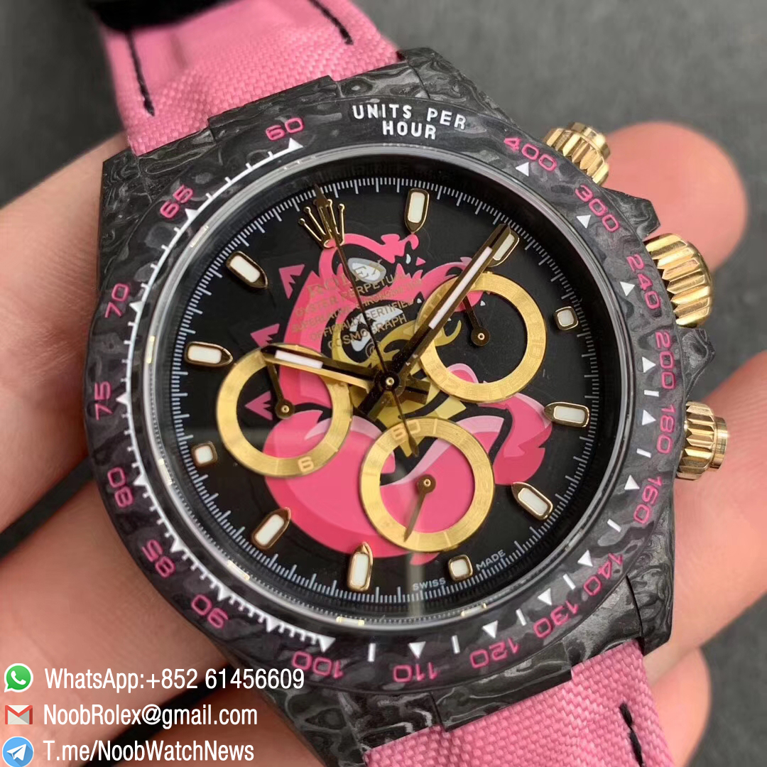 Replica DIW Daytona Carbon Case Black Dial with Pink Timber Wolf Design on Pink Nylon Strap A4130 WWF Best Copies Diw Rolexes 02