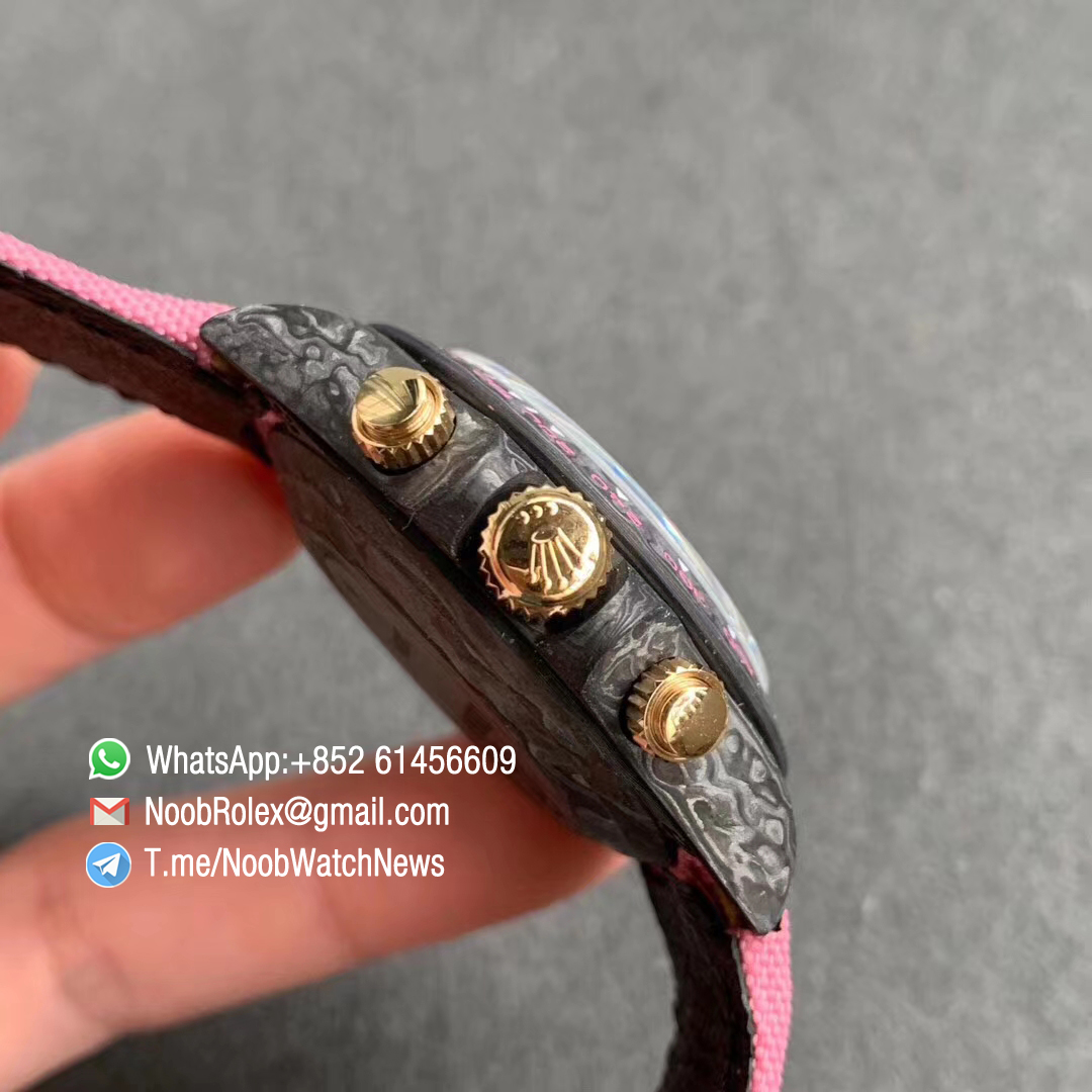 Replica DIW Daytona Carbon Case Black Dial with Pink Timber Wolf Design on Pink Nylon Strap A4130 WWF Best Copies Diw Rolexes 04