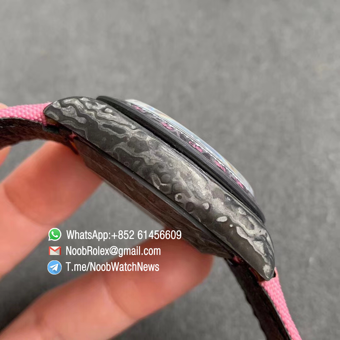 Replica DIW Daytona Carbon Case Black Dial with Pink Timber Wolf Design on Pink Nylon Strap A4130 WWF Best Copies Diw Rolexes 05