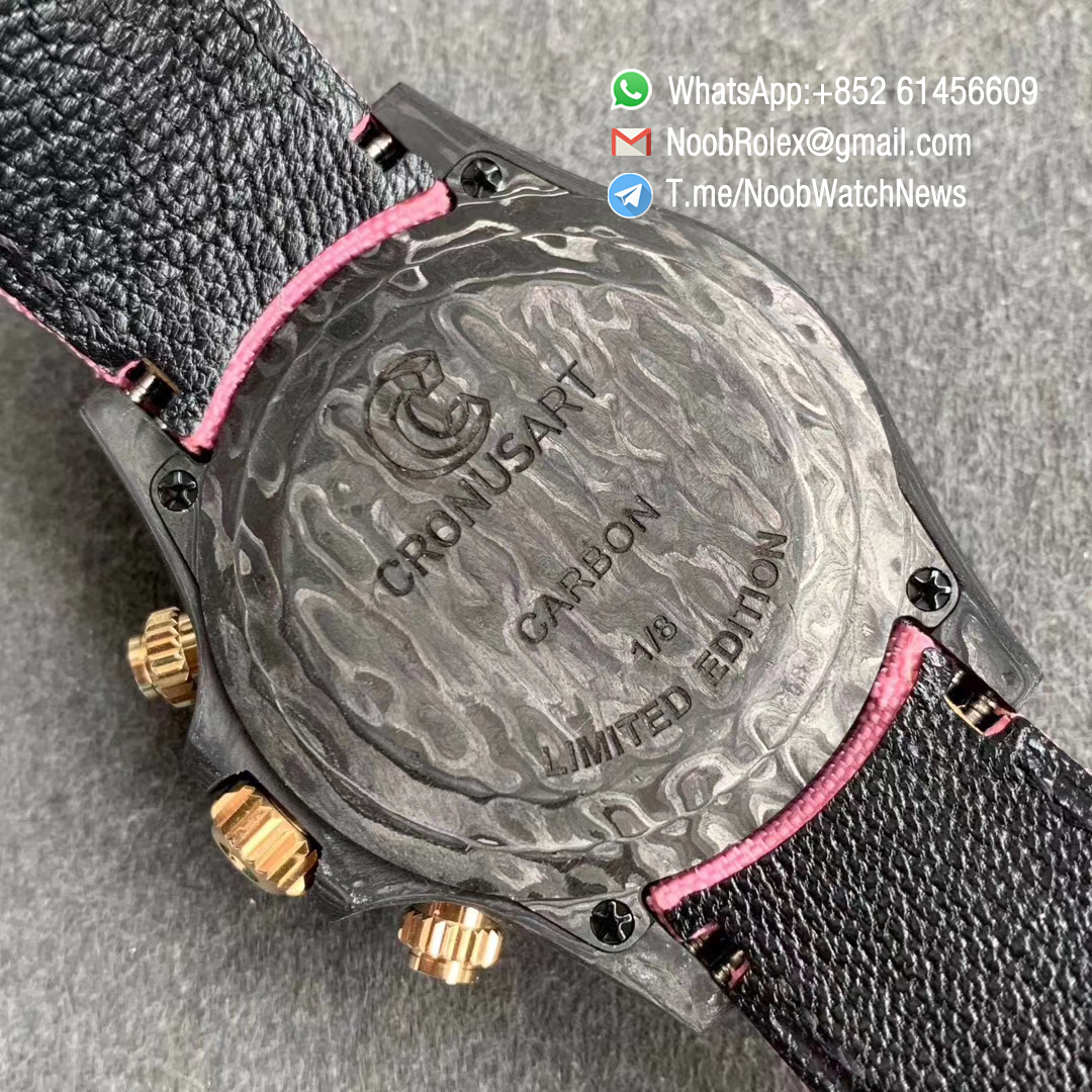 Replica DIW Daytona Carbon Case Black Dial with Pink Timber Wolf Design on Pink Nylon Strap A4130 WWF Best Copies Diw Rolexes 06