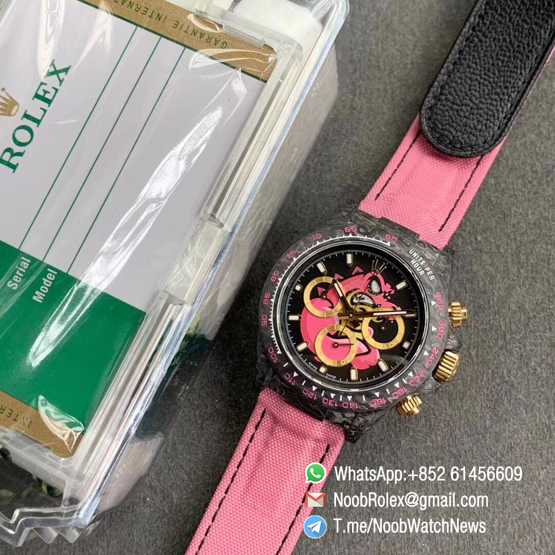 Replica DIW Daytona Carbon Case Black Dial with Pink Timber Wolf Design on Pink Nylon Strap A4130 WWF Best Copies Diw Rolexes 07