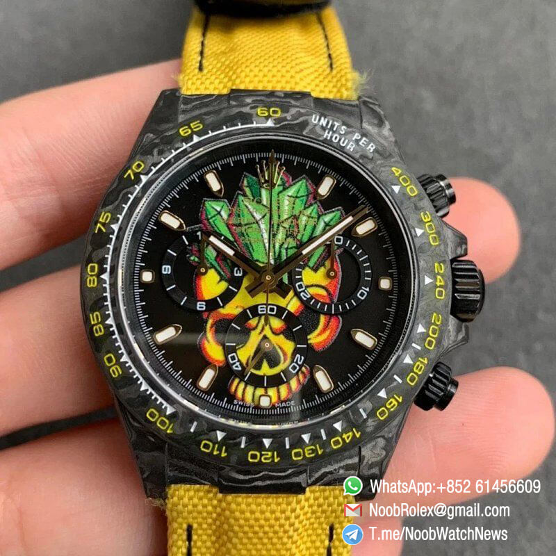 Replica DIW Daytona Carbon Case Black Dial with Skull Diamonds Design on Yellow Nylon Strap A4130 WWF Best Copies Diw Rolexes 01