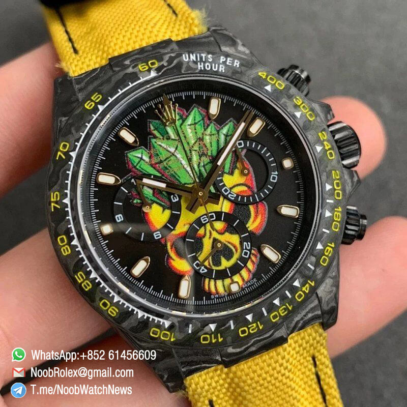 Replica DIW Daytona Carbon Case Black Dial with Skull Diamonds Design on Yellow Nylon Strap A4130 WWF Best Copies Diw Rolexes 02