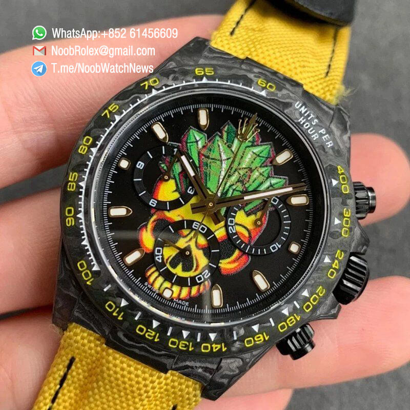 Replica DIW Daytona Carbon Case Black Dial with Skull Diamonds Design on Yellow Nylon Strap A4130 WWF Best Copies Diw Rolexes 03