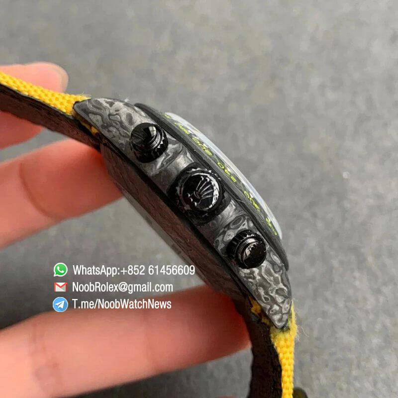 Replica DIW Daytona Carbon Case Black Dial with Skull Diamonds Design on Yellow Nylon Strap A4130 WWF Best Copies Diw Rolexes 04