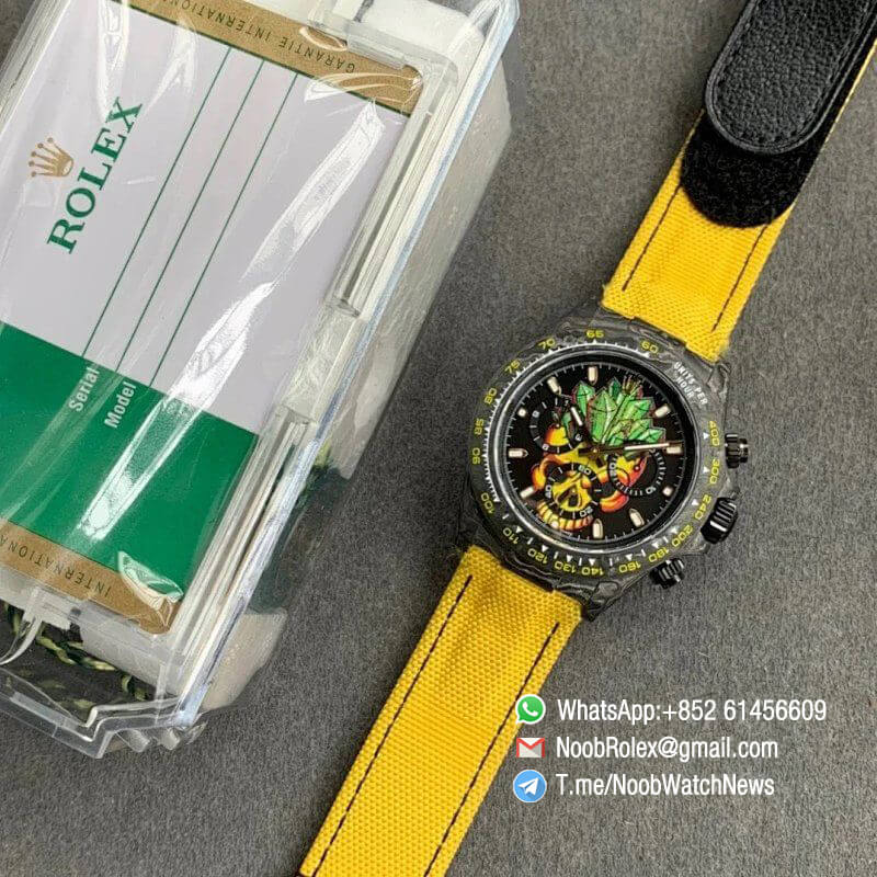 Replica DIW Daytona Carbon Case Black Dial with Skull Diamonds Design on Yellow Nylon Strap A4130 WWF Best Copies Diw Rolexes 09
