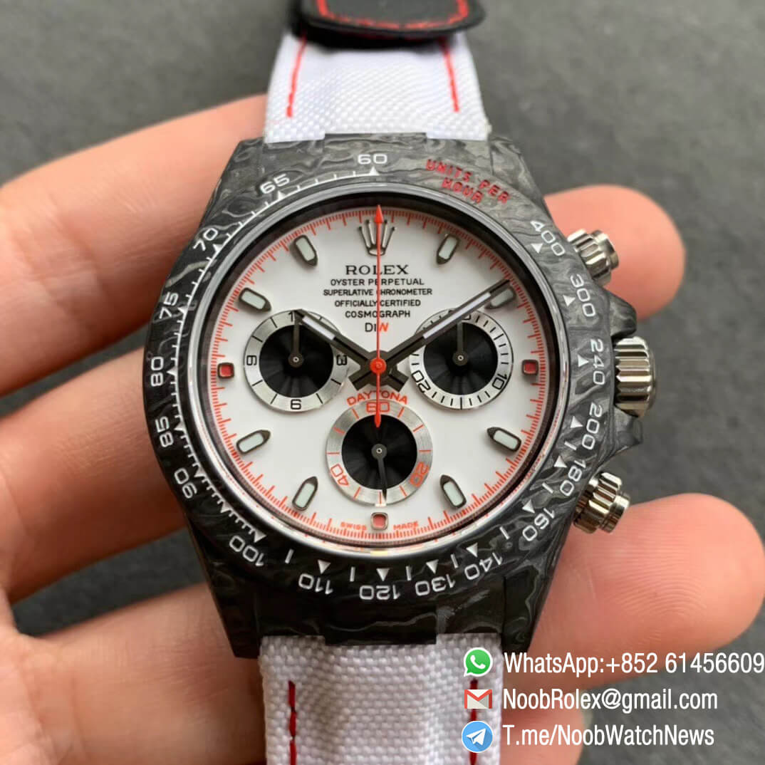 Replica DIW Daytona Carbon Speedster White Dial on White Nylon Strap A4130 WWF Top Quality Diw Rolex Watch 01