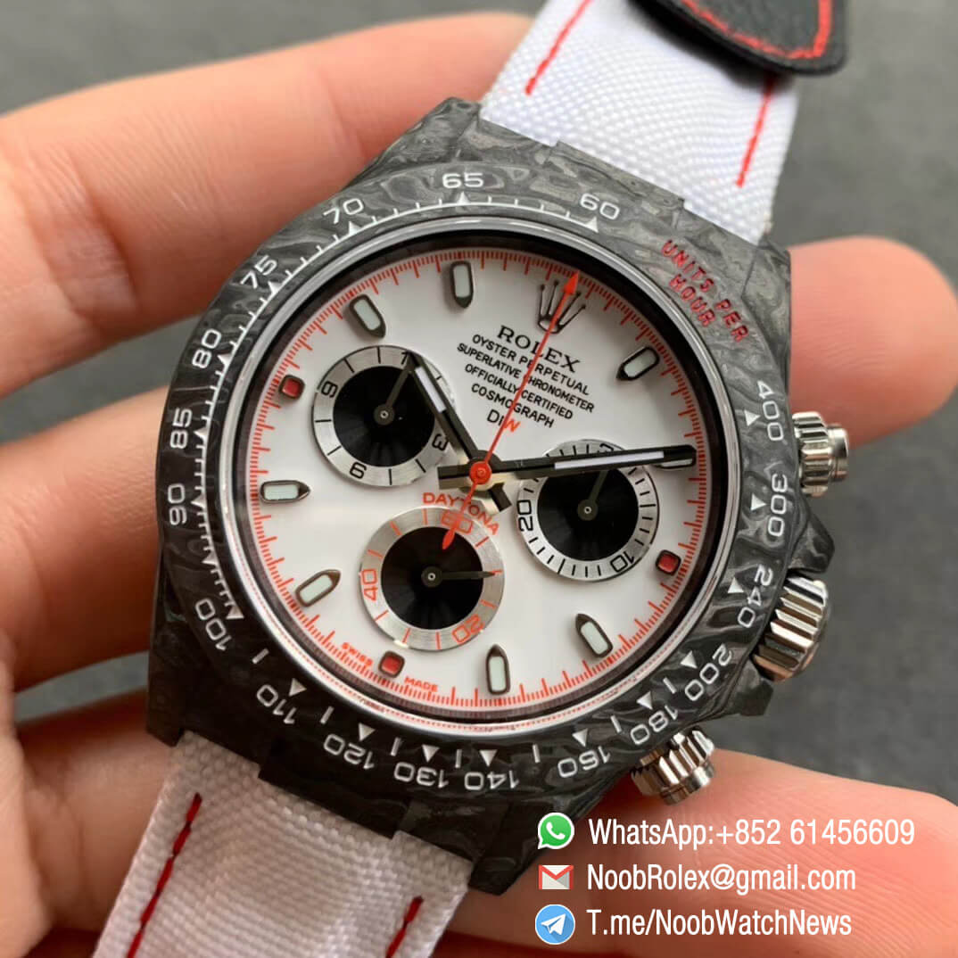 Replica DIW Daytona Carbon Speedster White Dial on White Nylon Strap A4130 WWF Top Quality Diw Rolex Watch 03