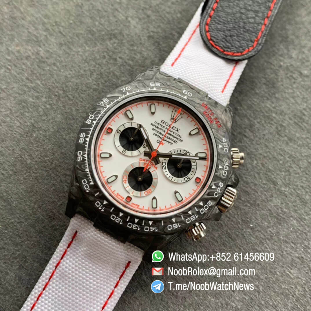 Replica DIW Daytona Carbon Speedster White Dial on White Nylon Strap A4130 WWF Top Quality Diw Rolex Watch 09